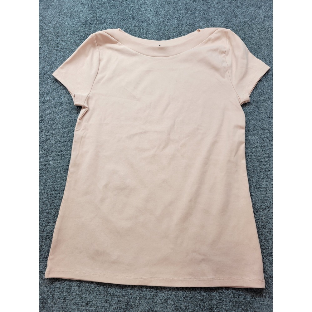 Ann Taylor Womens Peach Pink Boat Neck Short Sleeve Cotton Blend Tee Shirt L